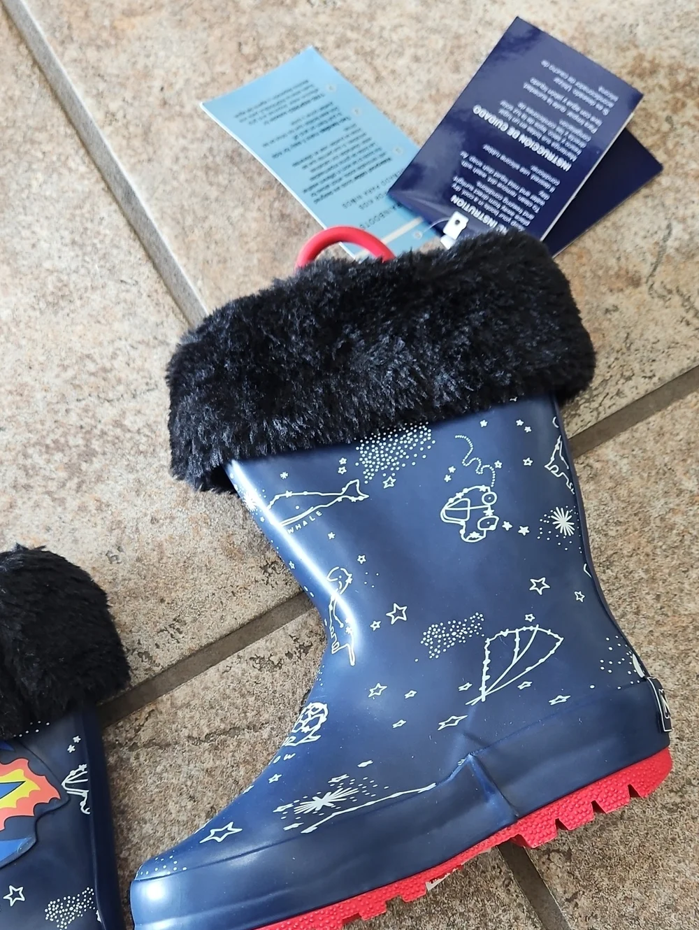 Nova Kids Space Rocket Rain Boots with Faux Fur Cuff - Navy & Red
